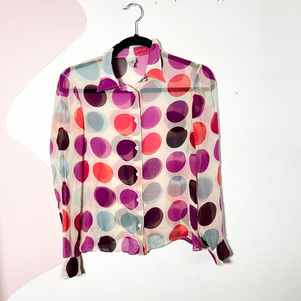VTG 90s‎ Polka Dot Button Down Blouse Top Size 4 100% Silk Sheer Clowncore